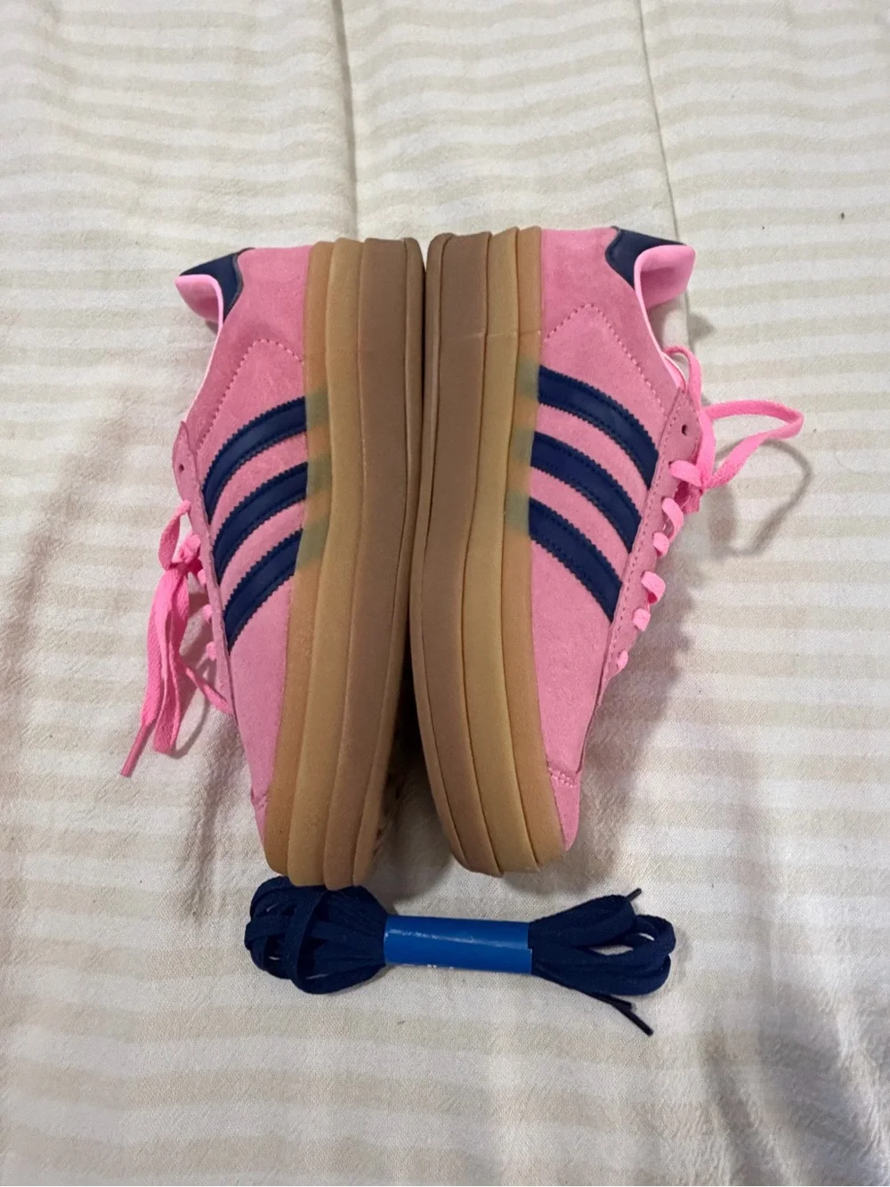 adidas Kids Pink Suede Sneakers with Navy Stripes